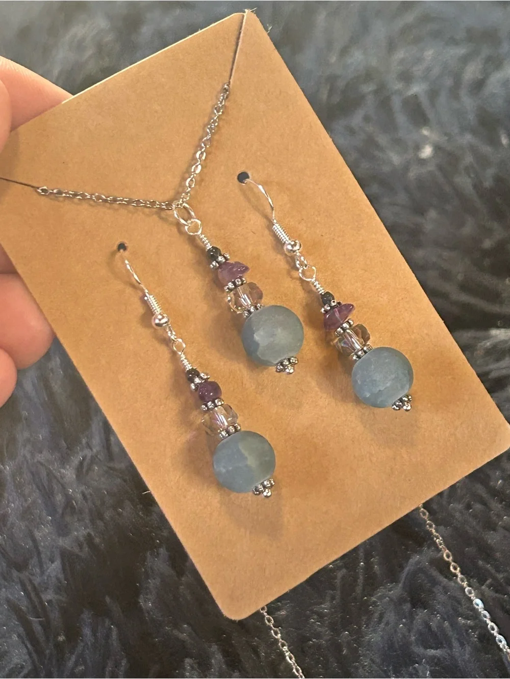 Handcrafted crackle glass aurora borealis crystal necklace and earring set